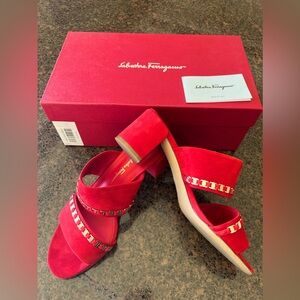 Ferragamo Trabia Suede Chain Low-Heel Slide Sandals